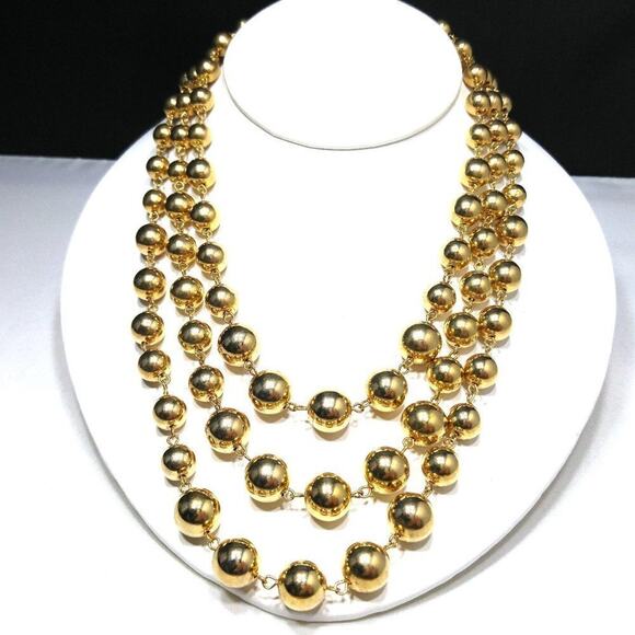 Vintage Gold Bead Three Strand Necklace, Wire Wrapped, 1950s, 18 Inches - Picture 1 of 7